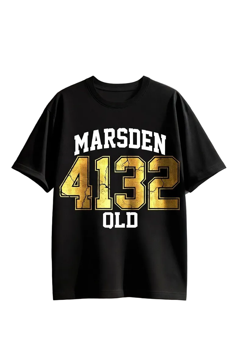 Black t-shirt with 'Marsden 4132 OLD' printed in gold and white on a light gray background