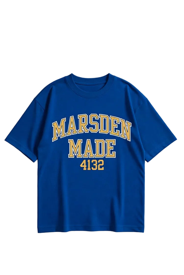 Blue t-shirt with 'Marsden Made 4132' text on a white background