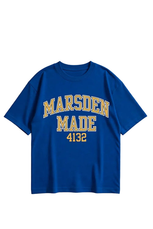 Blue t-shirt with 'Marsden Made 4132' text on a white background