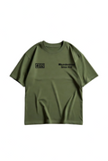 Green t-shirt with text on a light gray background