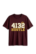 Maroon t-shirt with '4132 HUSTLE' text in gold on a light gray background