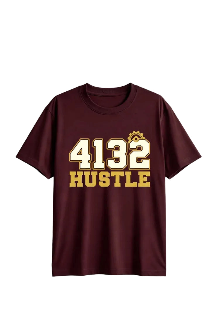Maroon t-shirt with '4132 HUSTLE' text in gold on a light gray background