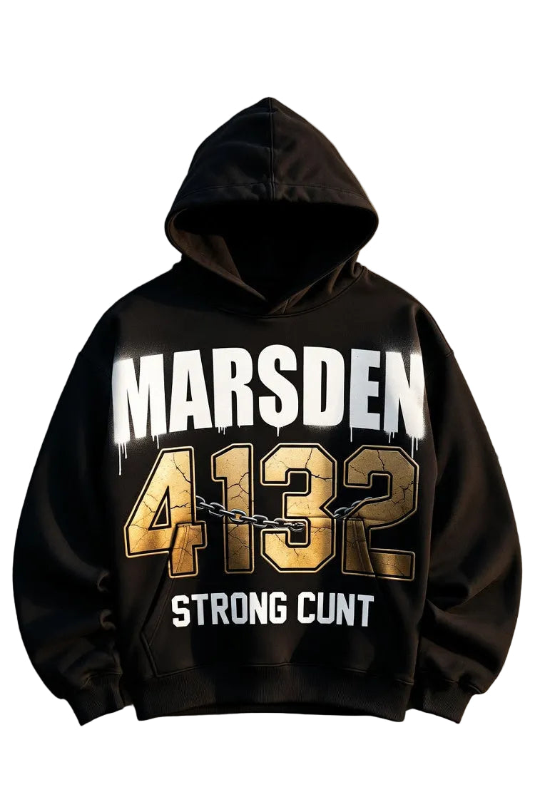 Black hoodie with text on a textured wall background