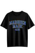 Black t-shirt with 'Marsden Made 4132' text on a light gray background