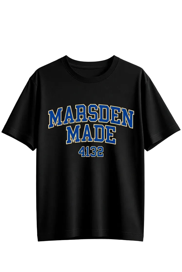 Black t-shirt with 'Marsden Made 4132' text on a light gray background