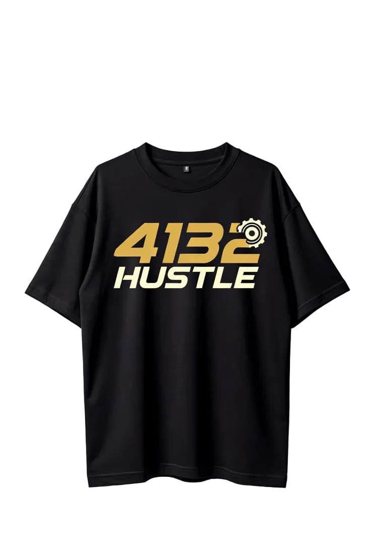Black t-shirt with '4132 HUSTLE' text on a white background