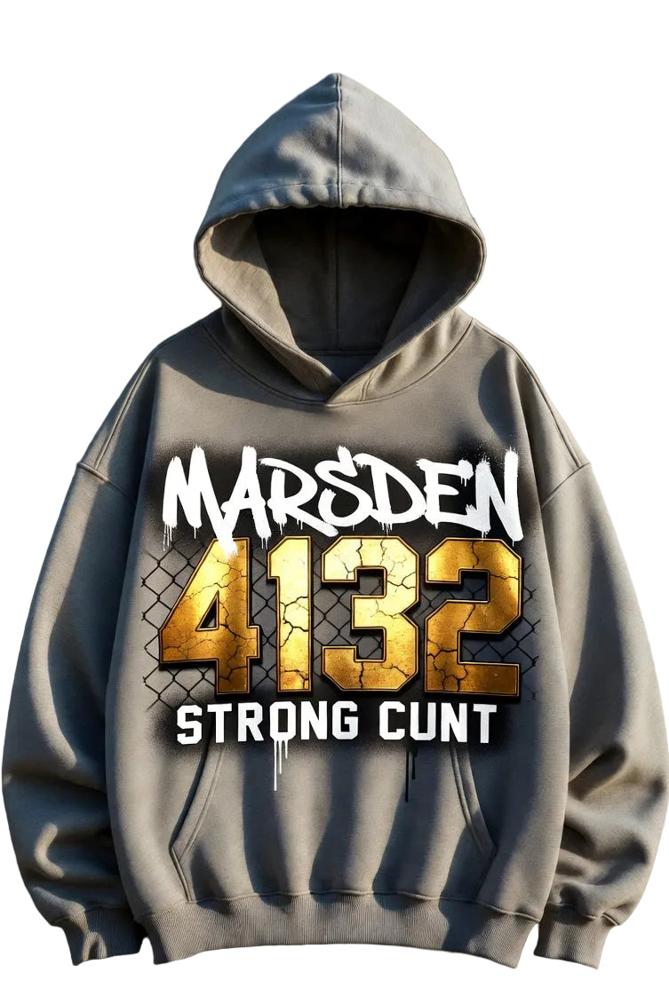 Gray hoodie with text design on a white wall background