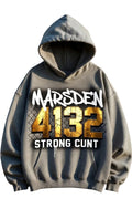 Gray hoodie with text design on a white wall background
