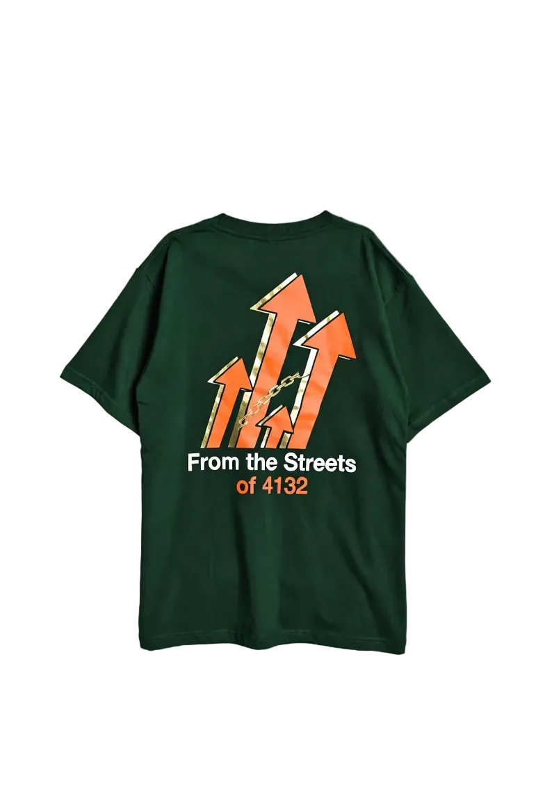 Green t-shirt with orange graphics and text on a gray background